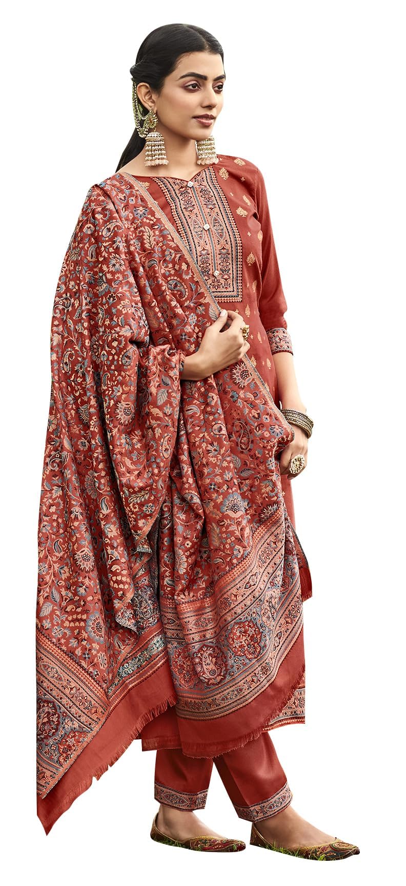 DRAVINAM Trends Women's Unstitched kanni Weaving Jacquard Woollen Pashmina Salwar Kameez Dress Material with Pure Wool Pashmina Kaani Weaving Shawl Dupatta (Free Size)