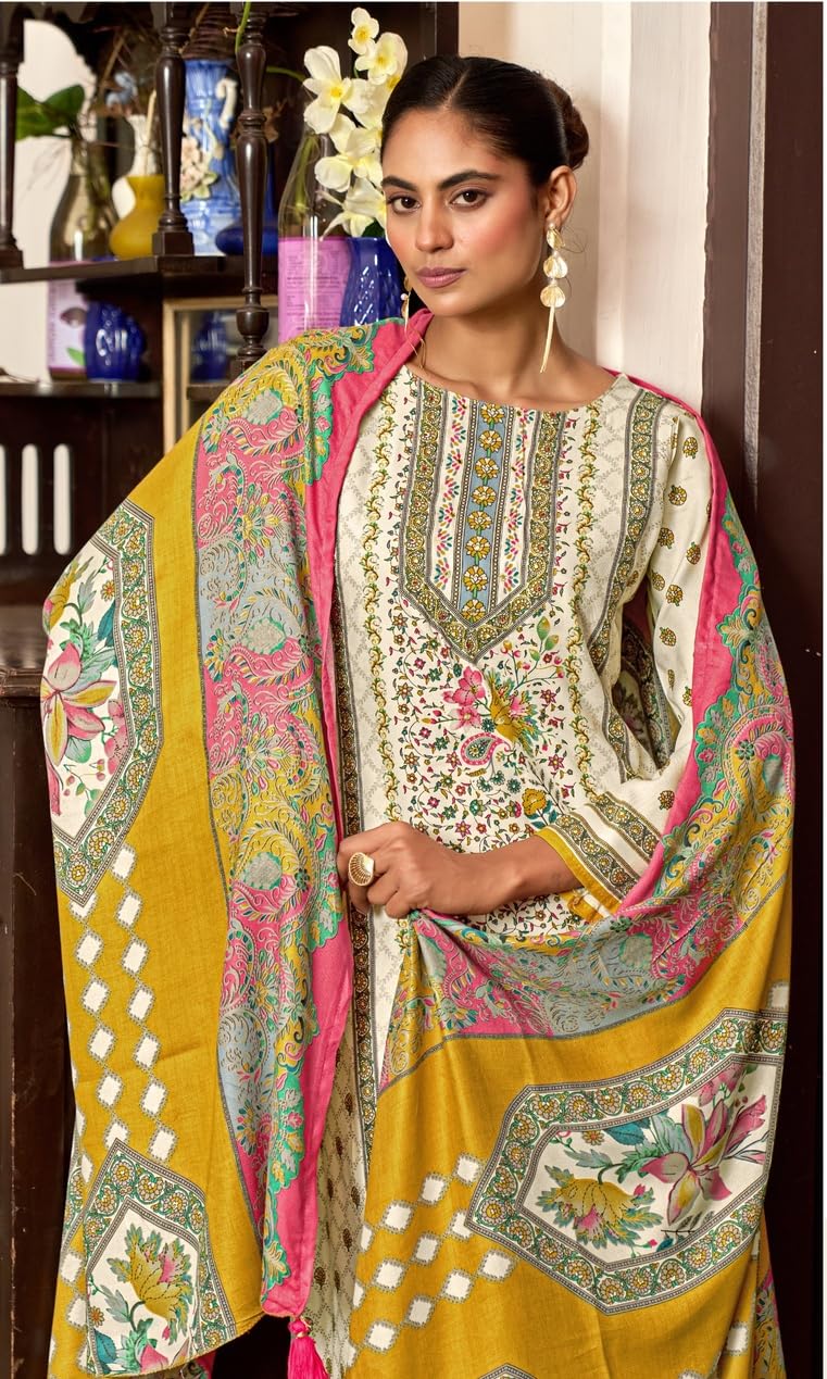 DRAVINAM Trends Women's Winter Wear Unstitched Digital Kani Printed Viscose Pashmina Woollen Salwar Suit Dress Material with Khatli Work Foil touchup and Pashmina Digital Printed Shawl Dupatta