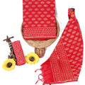 Women's Unstitched Dress Material | Chanderi Top & Dupatta with Zari Border, Cotton Bottom |Dark Peach Block Print Salwar Suit Piece