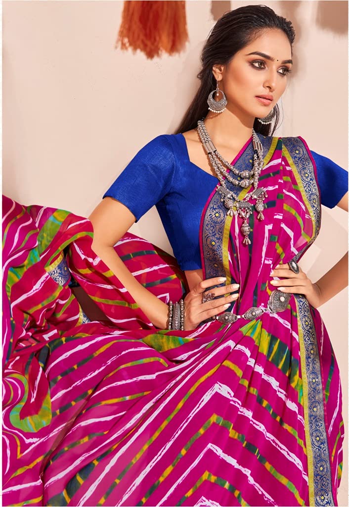 DRAVINAM Trends Women's Pure Georgette Lehriya Print Jaipuri Saree with Blouse Piece (Dark Red Peach and Yellow)