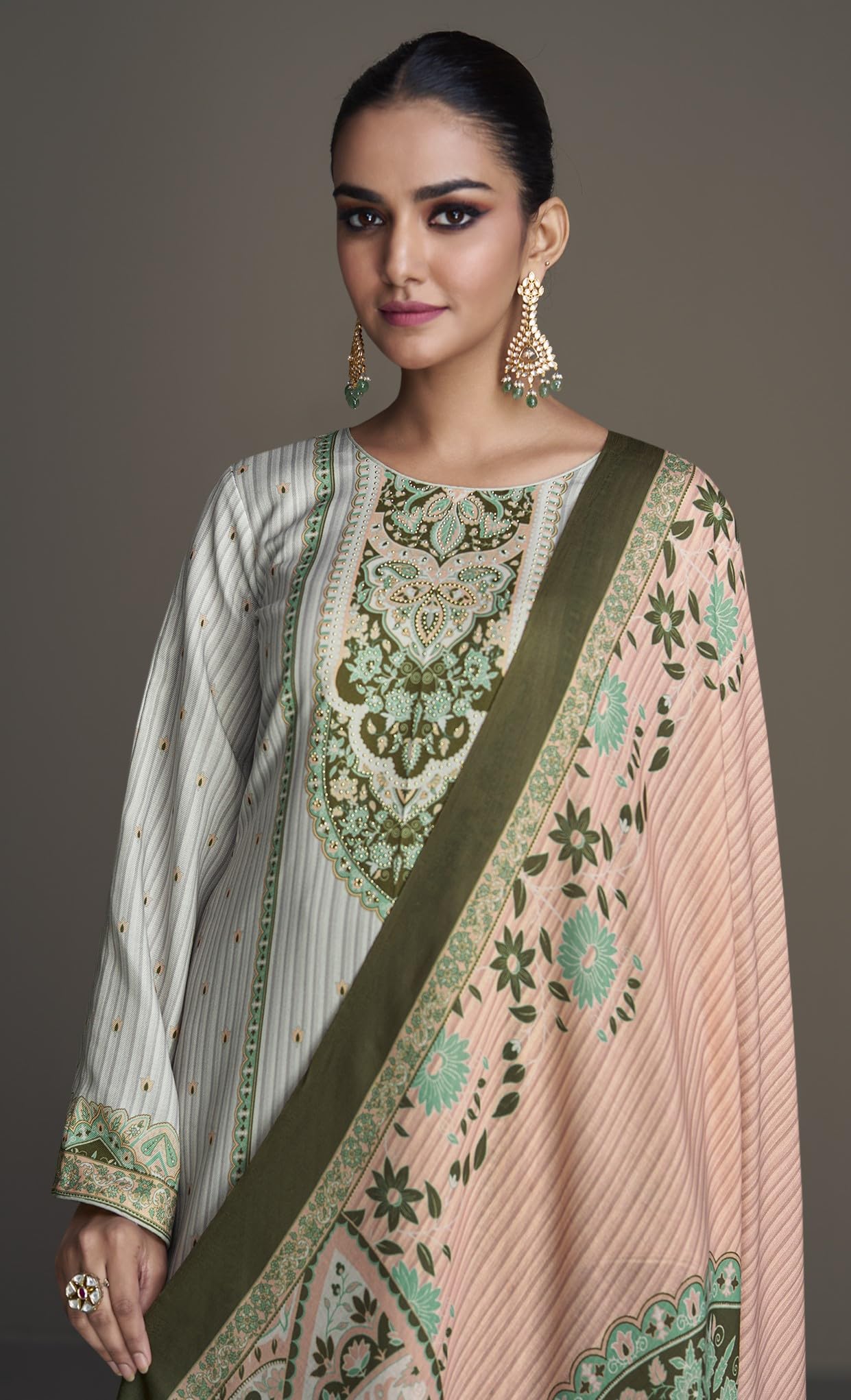DRAVINAM Trends Women's Pashmina Digital Printed Swaroski Work Woollen Unstitched Salwar Suit Dress material with Printed Spun Wool Shawl Dupatta