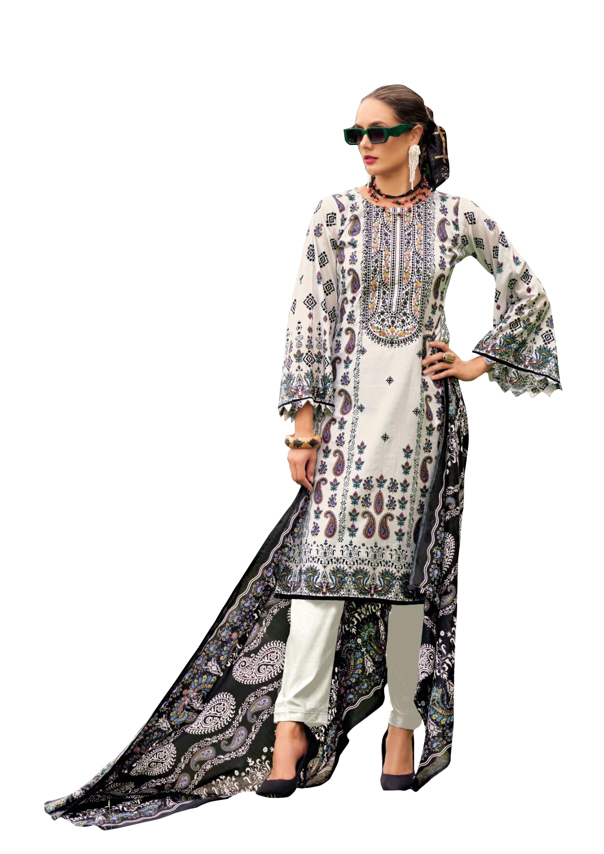 DRAVINAM Trends Kurti 2.50 mtrs, Pure Cotton (3 mtrs apx), Pure MAL MAL Cotton Dupatta Digital Print|Black 1