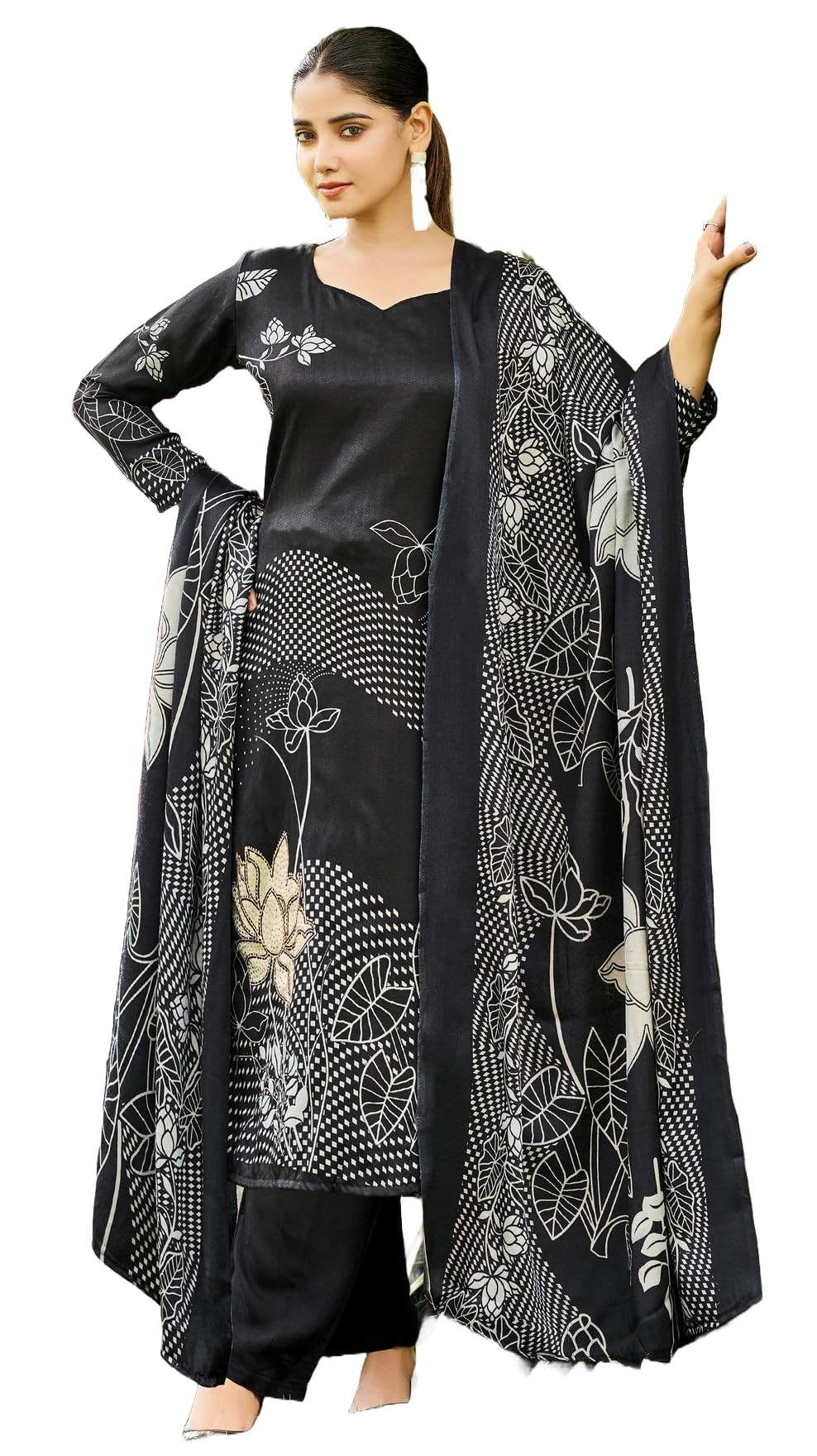 DRAVINAM Trends Women's Winter Wear Kashmiri Kani Printed Warm Salwar Kameez Dress Material with Swaroski Work and Twill Pashmina Printed Shawl Dupatta