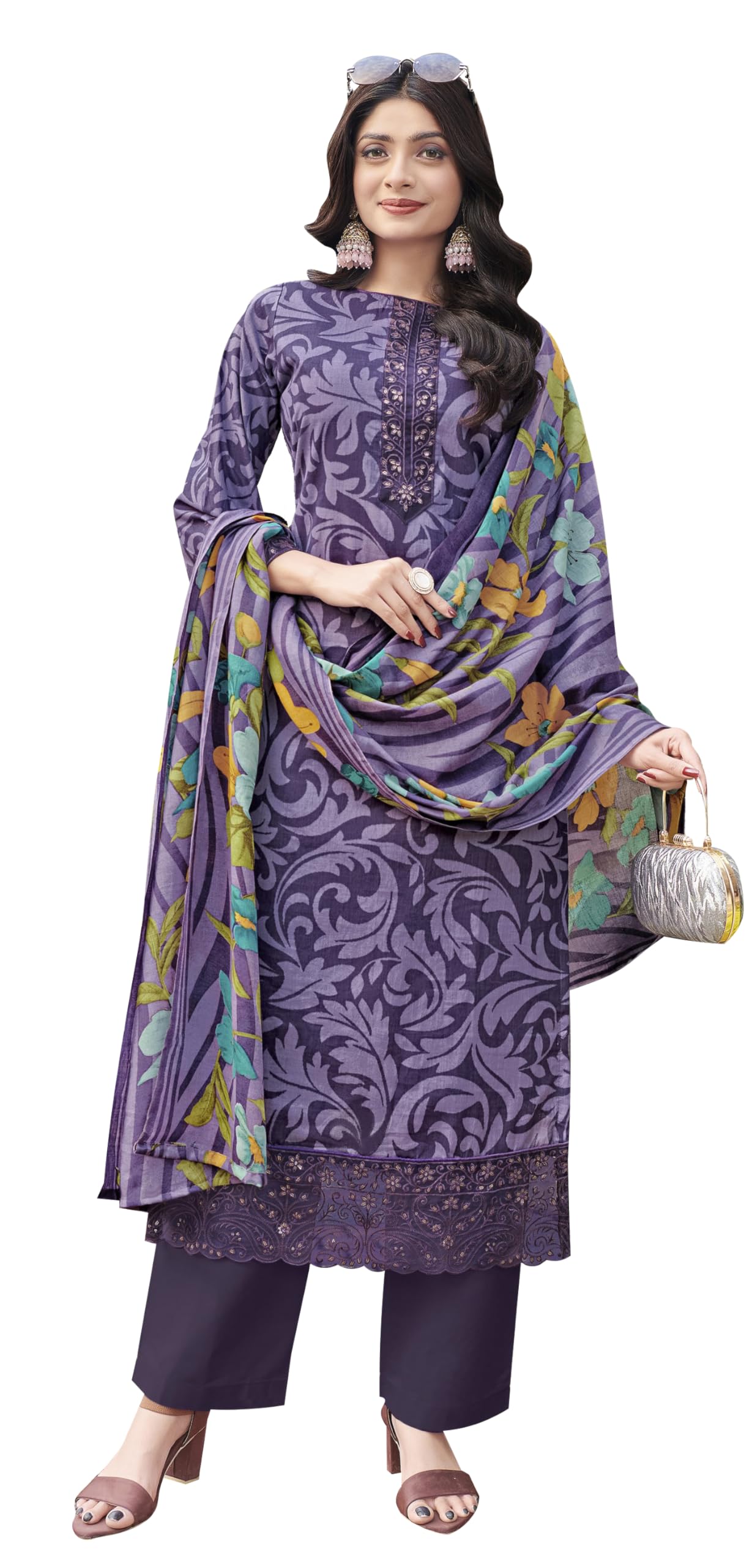 DRAVINAM Trends Kurti 2.50 mtrs,Pure Cotton Solid (2.7 m), Pure Cotton Mal Mal Print Dupatta (2.25 m)|Brown