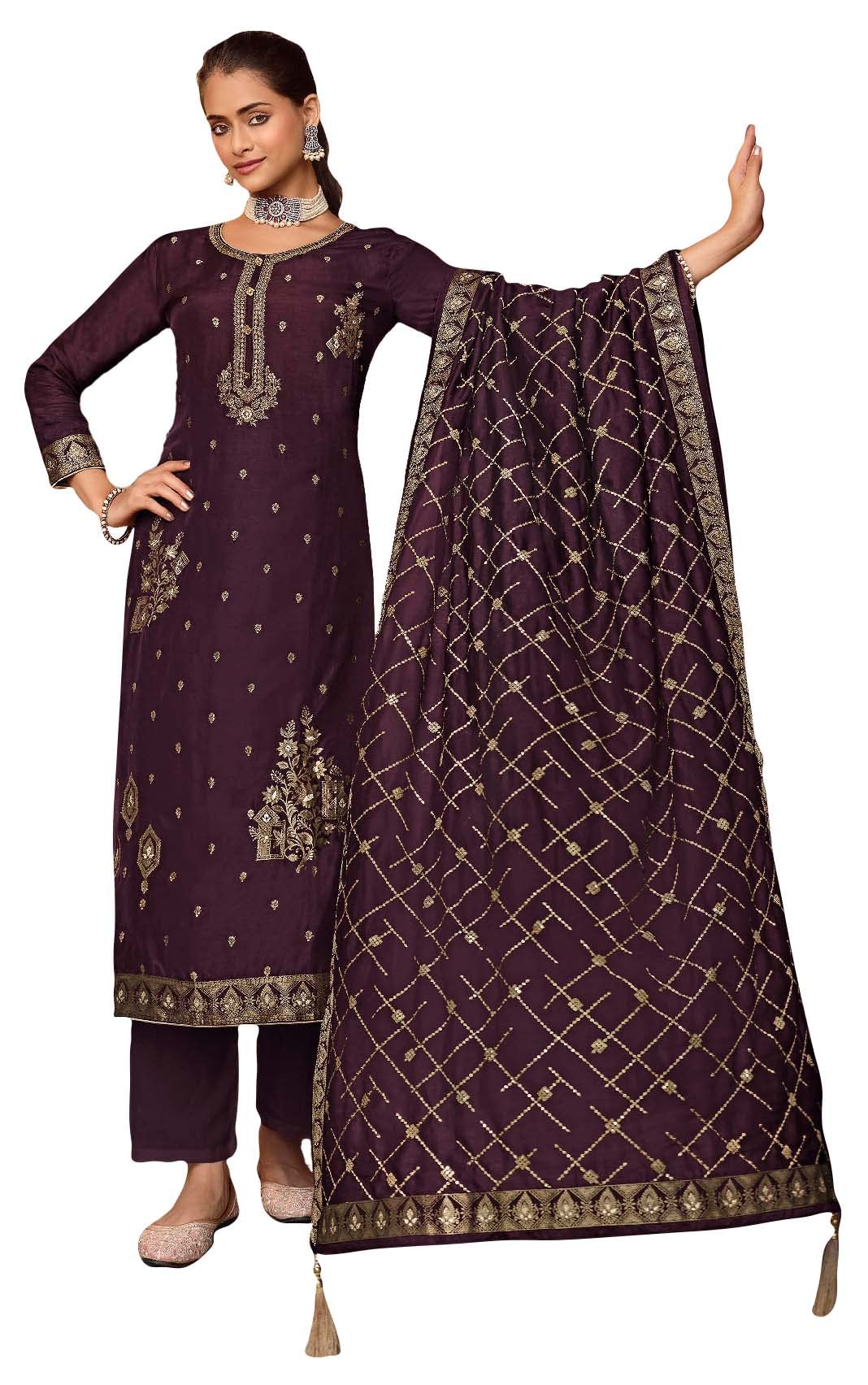 DRAVINAM Trends Women's Zari Work Dola Silk Jacquard Unstitched Salwar Suit Dress Material with Silk Georgette Sequence Embroidered Jacquard Border Dupatta(Blue)