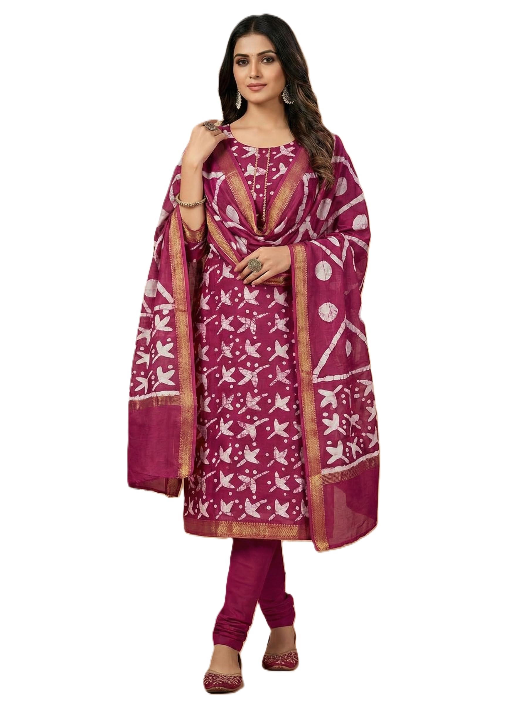 Women's Elegant Magenta Maheshwari Block Abstract Batik Printed Unstitched Salwar Suit Dress Material with Shantoon Bottom & Zari Border Dupatta