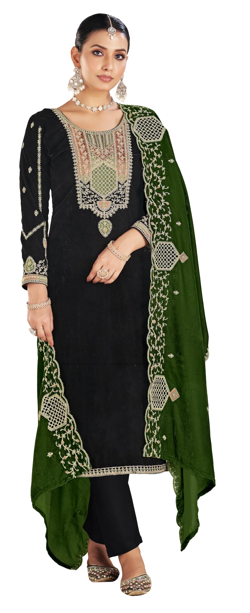 DRAVINAM Trends Women's Unstitch Premium Velvet Fancy Embroidery Winter Wear Salwar Suit Material With Unstitch Bottoms and Piping Dupatta