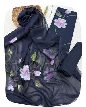 DRAVINAM Trends Women's Floral Hand Painted Unstitched Salwar Suit Dress Material with Pure Chiffon Dupatta (Blue & White)