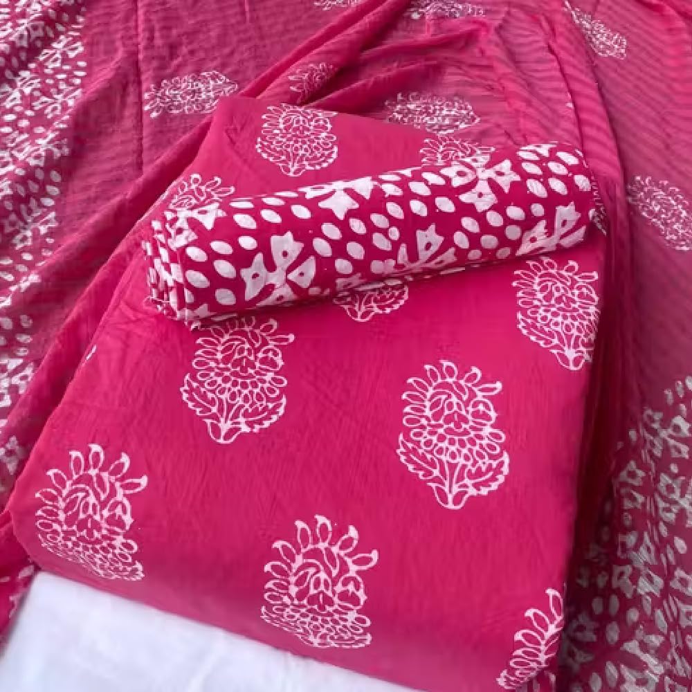 DRAVINAM Trends Unstitched Jaipuri Handmade Wax Batik Print Soft Cotton Dress Material with Dupatta