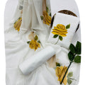 DRAVINAM Trends Women's White Unstitched Dress Material | Hand-Painted Yellow Rose Floral Print Suit with Sheer Chiffon Dupatta