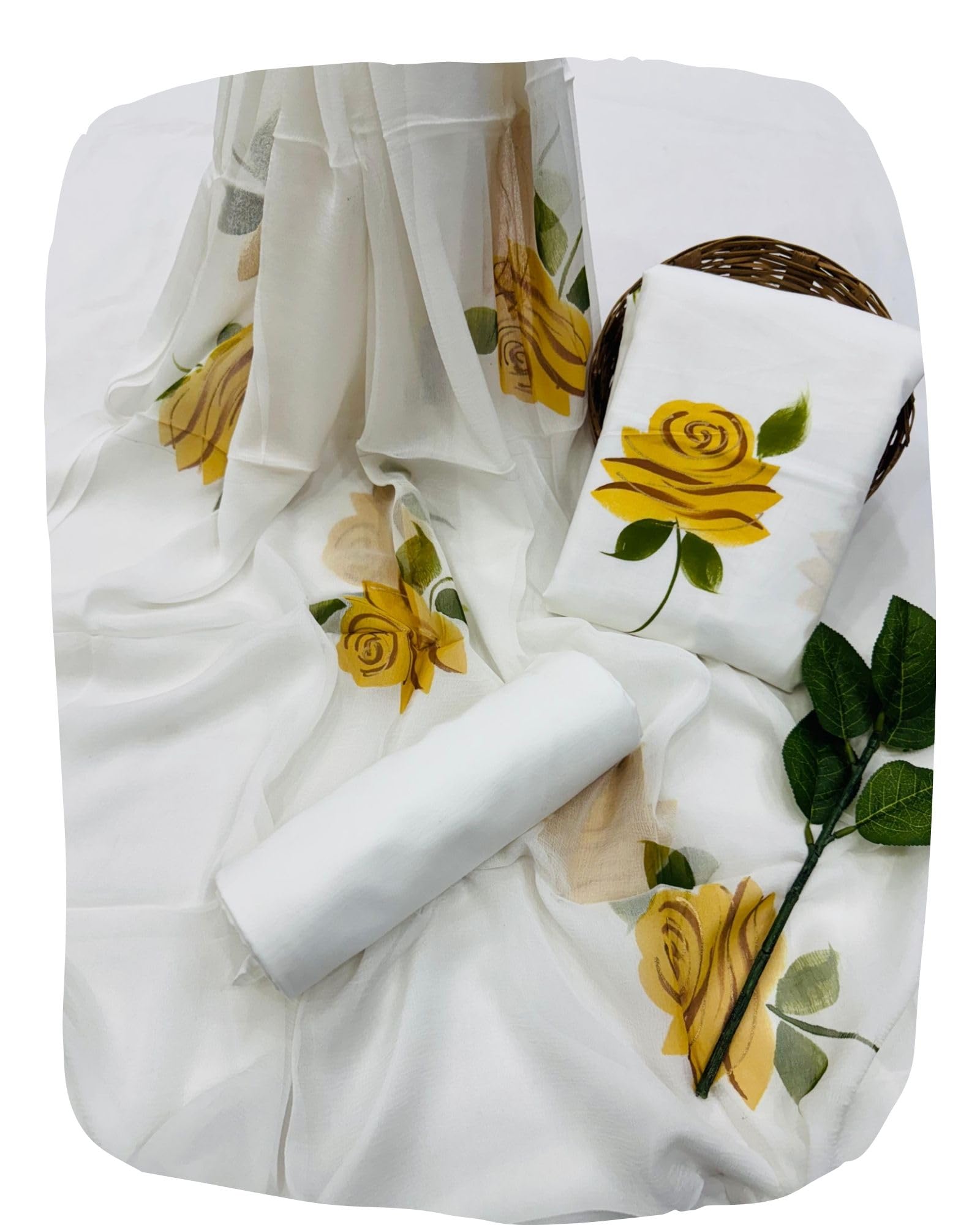 DRAVINAM Trends Women's White Unstitched Dress Material | Hand-Painted Yellow Rose Floral Print Suit with Sheer Chiffon Dupatta