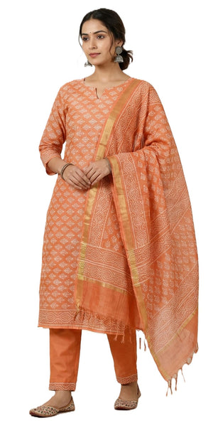 DRAVINAM Trends Jaipuri Hand Block Print Pure Kota Doriya Unstitched Suit Dress Material with Kota Doriya Hand Printed Dupatta