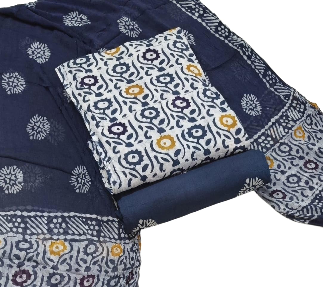 DRAVINAM Trends Unstitched Jaipuri Handmade Wax Batik Print Premium Cotton Dress Material with Pure Chiffon Dupatta