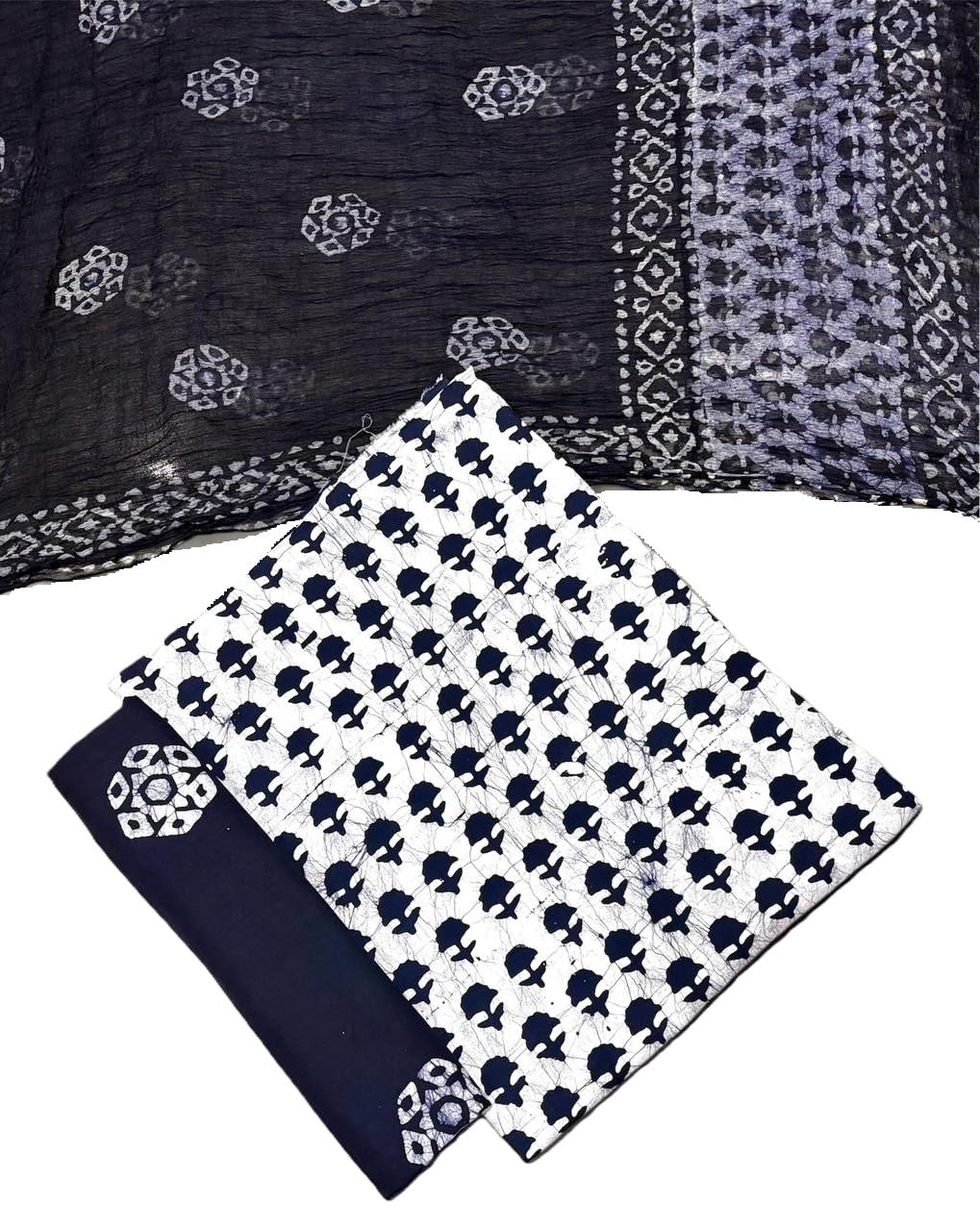 Unstitched Jaipuri Handmade Wax Batik Print Soft Cotton Dress Material with Chiffon Dupatta