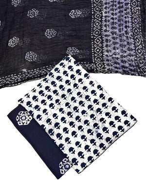 Unstitched Jaipuri Handmade Wax Batik Print Soft Cotton Dress Material with Chiffon Dupatta