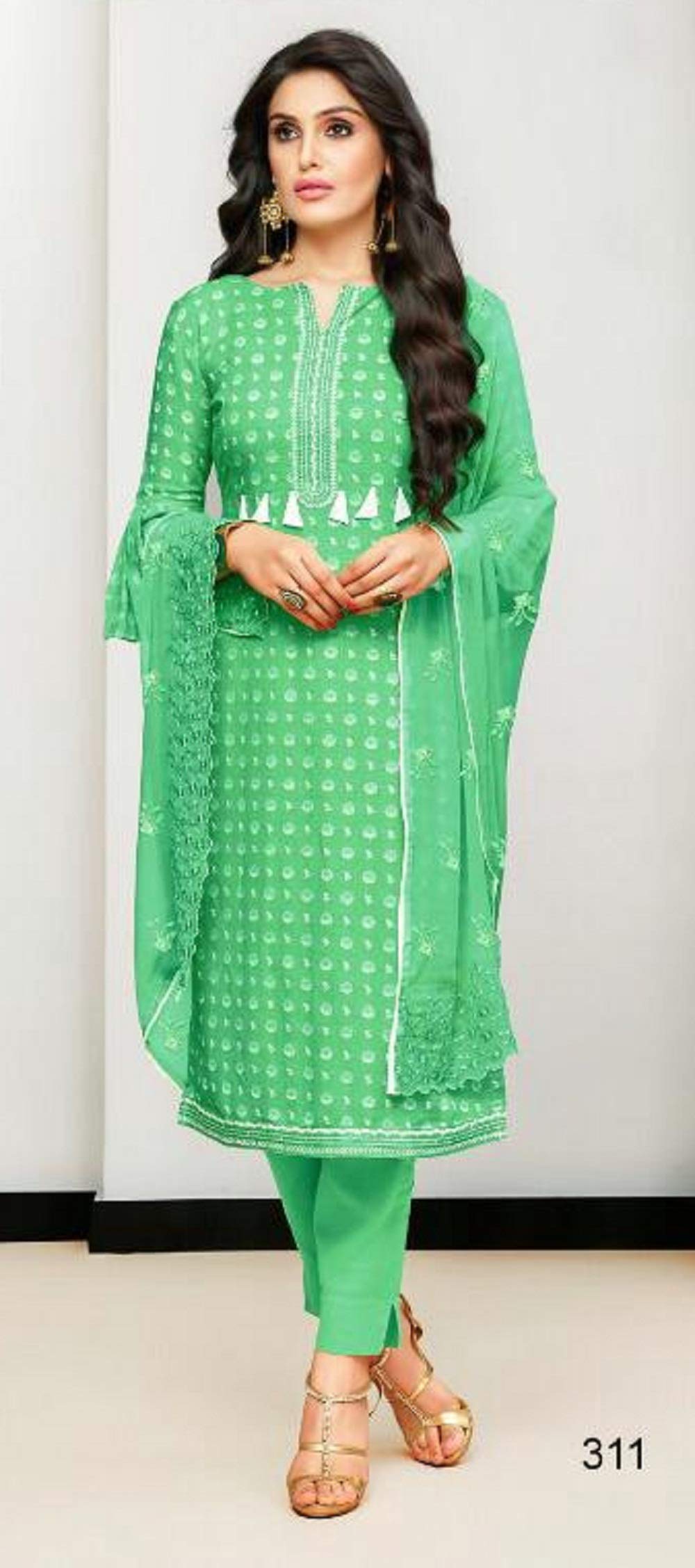 DRAVINAM Trends Women's Unstitched Cotton Printed Salwar Suit Dress Material with embroidered Nazmeen Dupatta (Free size_Light Orange)