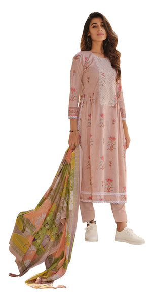 DRAVINAM Trends Unstitched Embroidered Digital printed Pure Jaam Cotton Women Salwar Suit Set Fabric with Mal Mal Cotton Dupatta