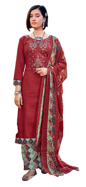 DRAVINAM Trends Women's Unstitched Embroidered Pure Jam Cotton Chudidar/Salwar Suit Dress Material with Printed Nazneen Chiffon Dupatta (Rust Maroon)