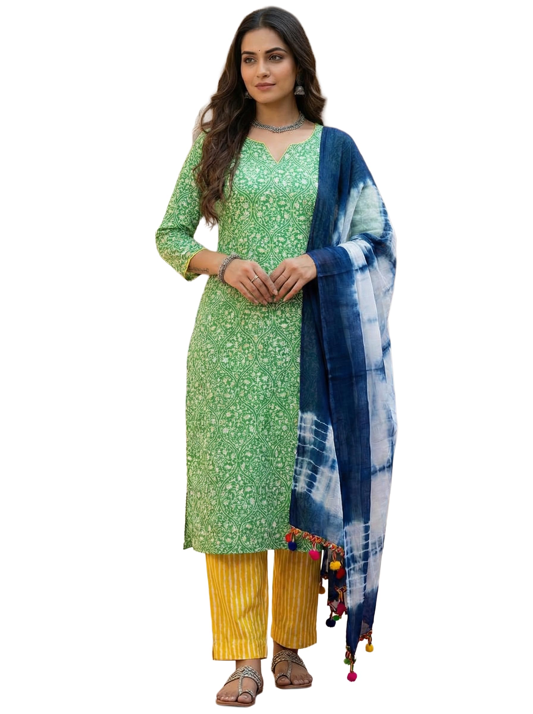 DRAVINAM Trends Hand Block Print Cambric Cotton Unstitched Salwar Suit Set for Women with Pure Chiffon Hand Printed Dupatta