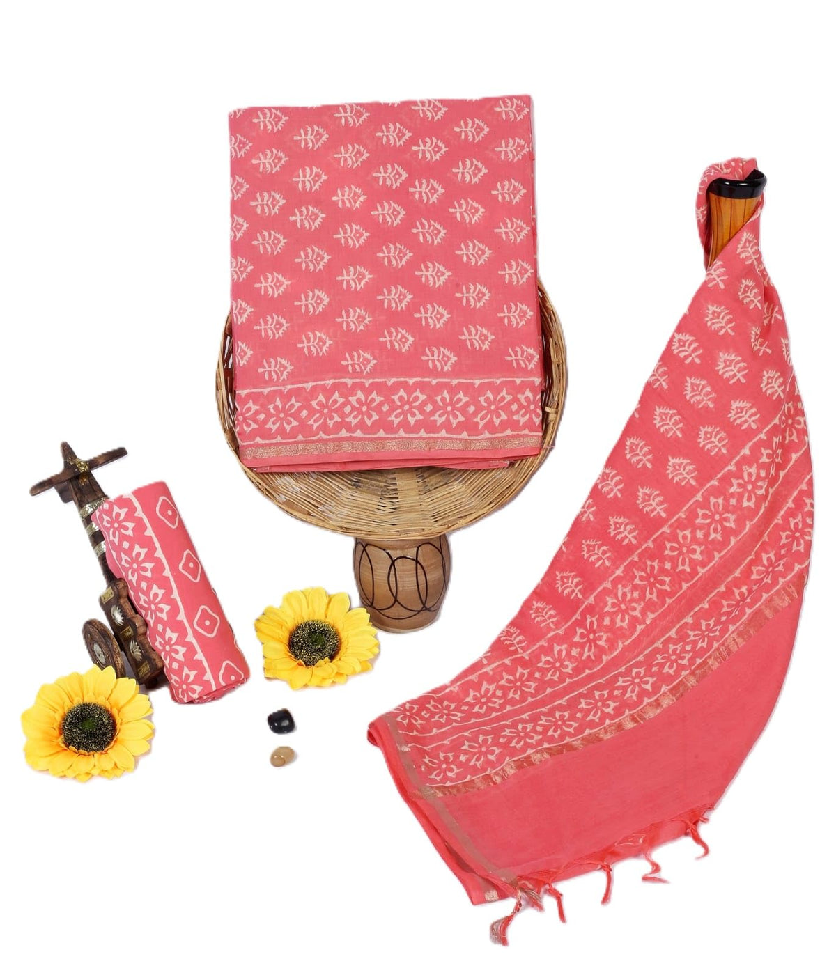 Women's Elegant Beige and Black Chanderi Block Printed Unstitched Salwar Suit Dress Material with Cotton Bottom & Zari Border Dupatta