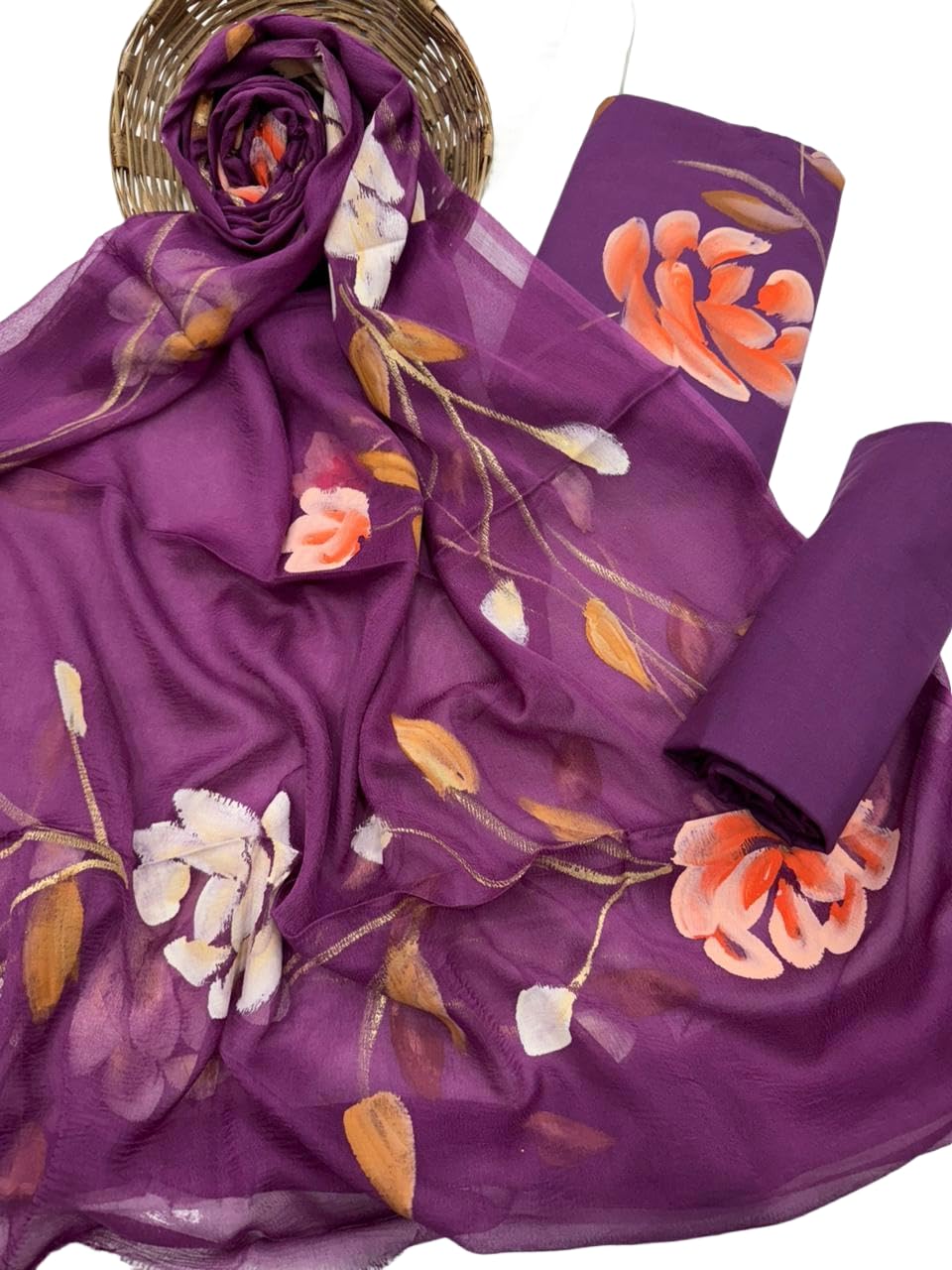 DRAVINAM Trends Women's White Unstitched Dress Material | Hand-Painted Yellow Rose Floral Print Suit with Sheer Chiffon Dupatta
