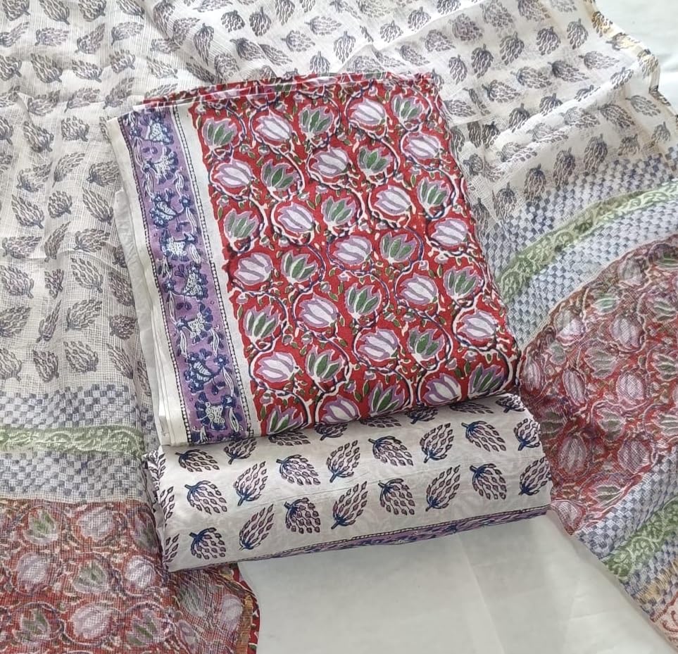 DRAVINAM Trends Sanganeri Hand Block Print Pure Cambric Unstitched Cotton Suit Dress Material with Kota Doriya Hand Printed Dupatta