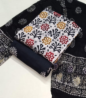 DRAVINAM Trends Unstitched Jaipuri Handmade Wax Batik Print Premium Cotton Dress Material with Pure Chiffon Dupatta