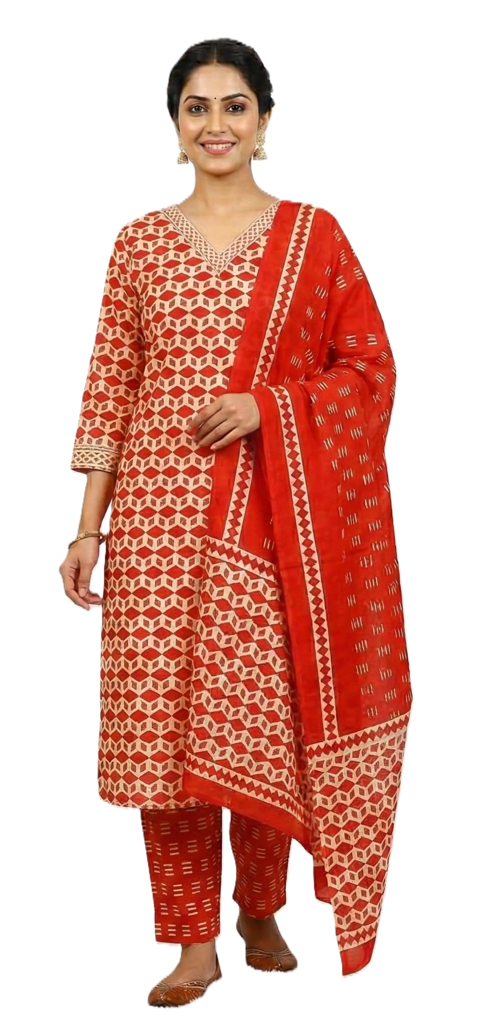 DRAVINAM Trends Hand Block Print Sanganeri Cambric Unstitched Cotton Suit Dress Material for Women with Mulmul Cotton Hand Printed Dupatta