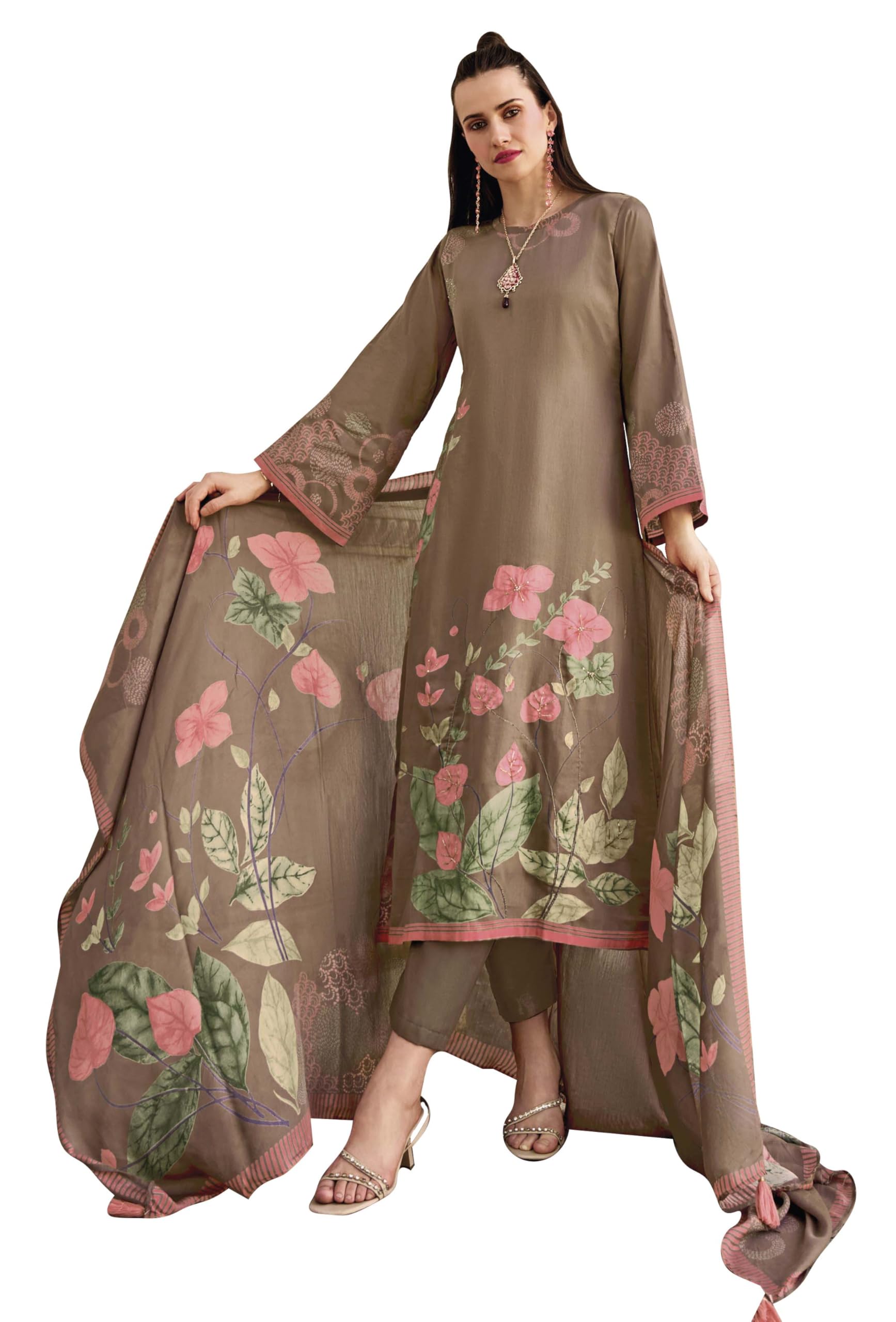 DRAVINAM Trends Women's Unstitched Salwar Suit Dress Material II Pure Jaam Silk Digital Print Hand Embroidered Kameez II Plain Unstitched Bottoms II Maslin Zari Bordered Dupatta