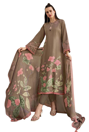 DRAVINAM Trends Women's Unstitched Salwar Suit Dress Material II Pure Jaam Silk Digital Print Hand Embroidered Kameez II Plain Unstitched Bottoms II Maslin Zari Bordered Dupatta