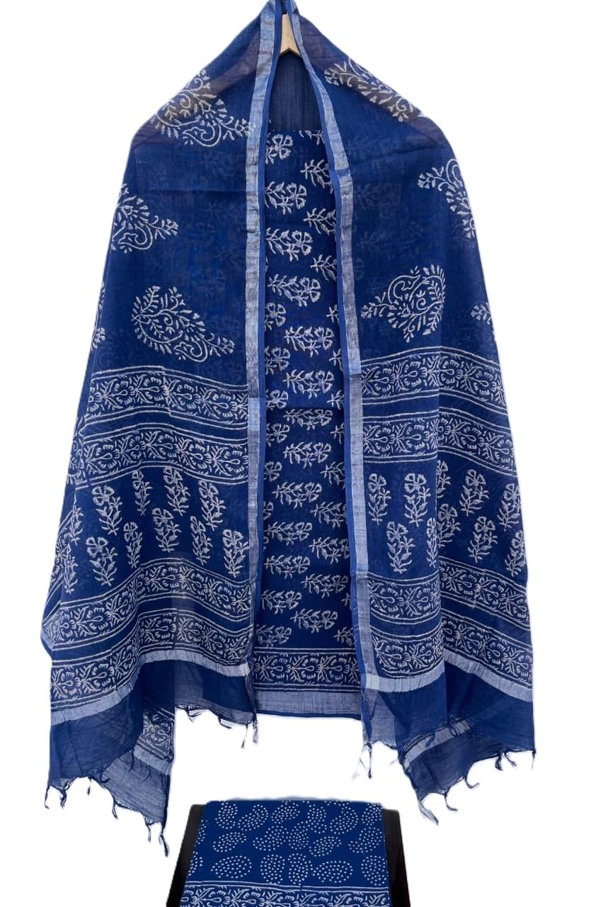 Hand Block Print Linen Cotton Unstitched Suit Dress Material for Women with Handloom Linen Cotton Hand Printed Dupatta
