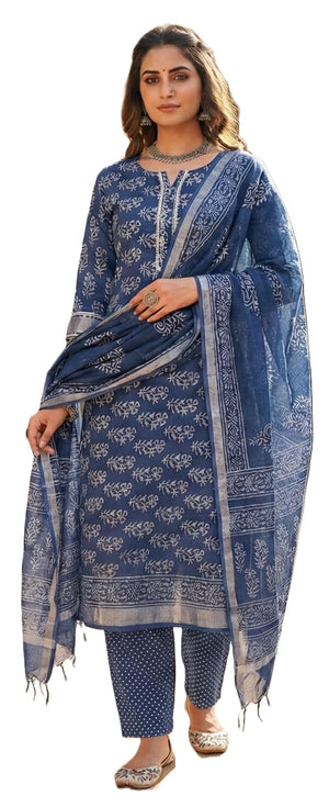 DRAVINAM Trends Hand Block Print Linen Cotton Unstitched Suit Dress Material for Women with Handloom Linen Cotton Hand Printed Dupatta