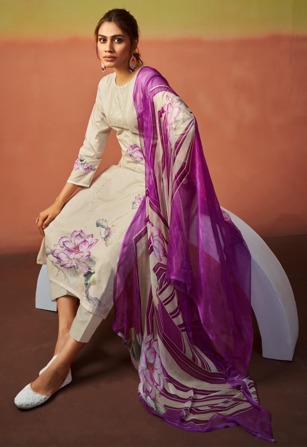 DRAVINAM Trends Unstitch Suit Dress Material for Women II Handcrafted Sequence Cambric Lawn Cotton Top II Cambric Lawn Cotton Unstitch Bottom II Pure Bemberg Dupatta