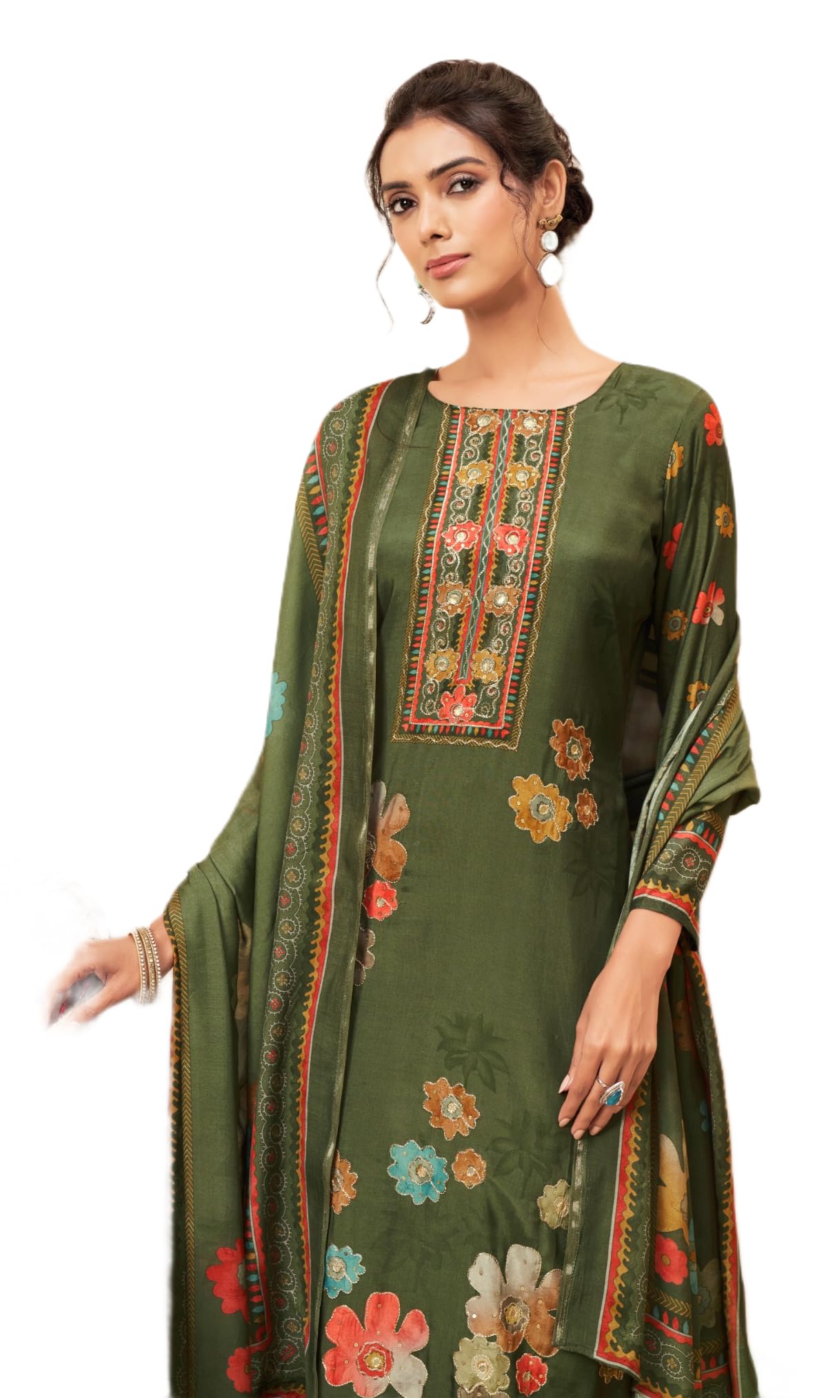 DRAVINAM Trends Unstitch Premium Viscose Bemberg Maslin Suit Dress Material II Pure Maslin Top Fabric with Aari work & Swaroski Detailing I Viscose Rayon Bottom I Digital Printed Maslin Dupatta