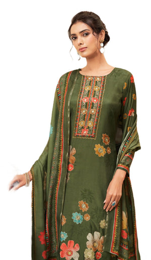 DRAVINAM Trends Unstitch Premium Viscose Bemberg Maslin Suit Dress Material II Pure Maslin Top Fabric with Aari work & Swaroski Detailing I Viscose Rayon Bottom I Digital Printed Maslin Dupatta