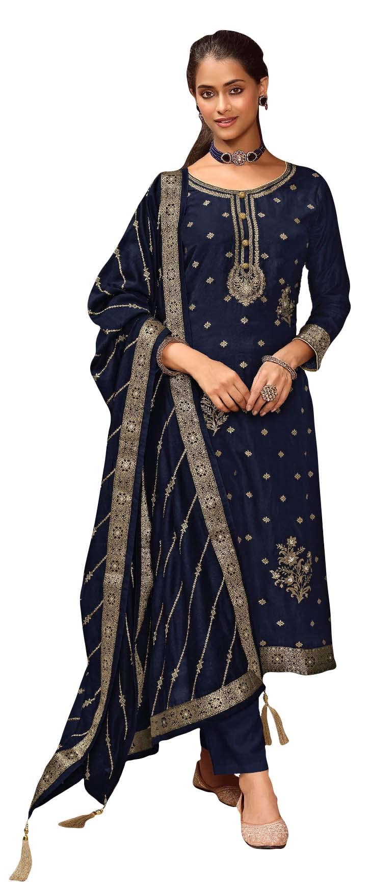 DRAVINAM Trends Women's Zari Work Dola Silk Jacquard Unstitched Salwar Suit Dress Material with Silk Georgette Sequence Embroidered Jacquard Border Dupatta(Blue)