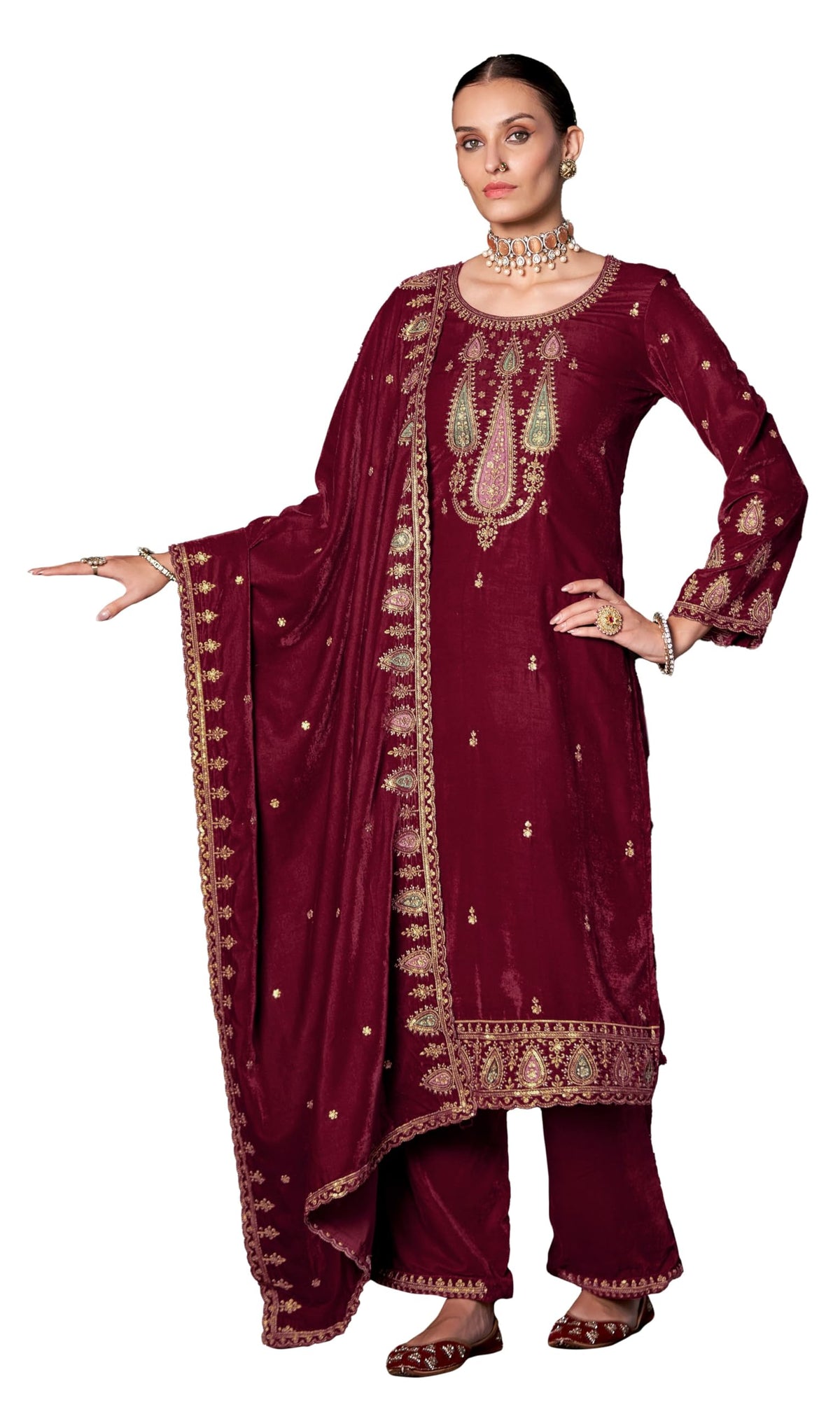 DRAVINAM Trends Women's Unstitched Winter wear Premium Velvet Embroidered Salwar suit Dress Material with Dupatta and Unstitch Bottoms