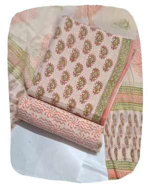 DRAVINAM Trends Hand Block Print Cambric Cotton Unstitched Salwar Suit Set for Women with Pure Chiffon Hand Printed Dupatta