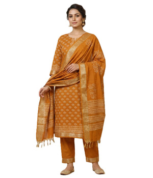 Women's Elegant Red Maheshwari Block Botanical Printed Unstitched Salwar Suit Dress Material with cotton Bottom & Zari Border Dupatta