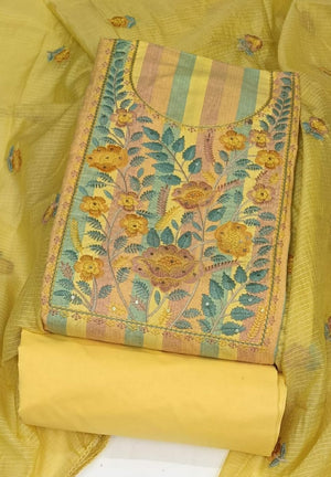 DRAVINAM Trends Women Cotton Embroidered Unstitched Suit Material with Kota Doriya Dupatta Set (Yellow)