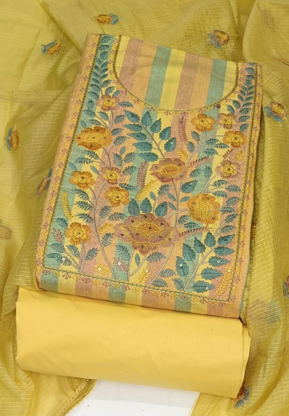 DRAVINAM Trends Women Cotton Embroidered Unstitched Suit Material with Kota Doriya Dupatta Set (Yellow)