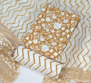 DRAVINAM Trends Hand Block Print Sanganeri Cambric Unstitched Cotton Suit Dress Material for Women with Mulmul Cotton Hand Printed Dupatta