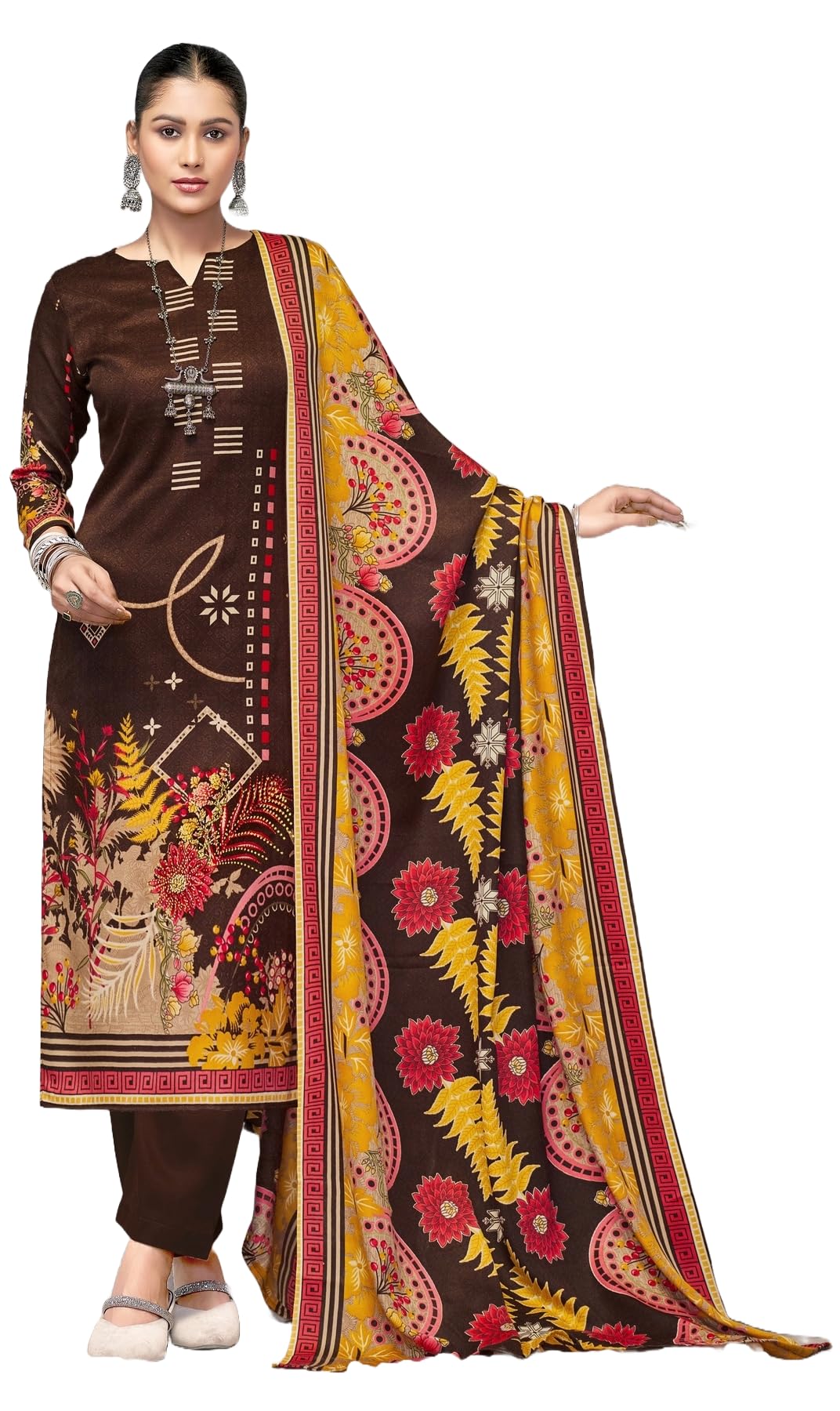 DRAVINAM Trends Women's Winter Wear Kashmiri Kani Printed Warm Salwar Kameez Dress Material with Twill Pashmina Printed Shawl Dupatta