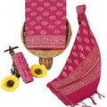 Women's Elegant Pink Chanderi Block Printed Unstitched Salwar Suit Dress Material with Cotton Bottom & Zari Border Dupatta