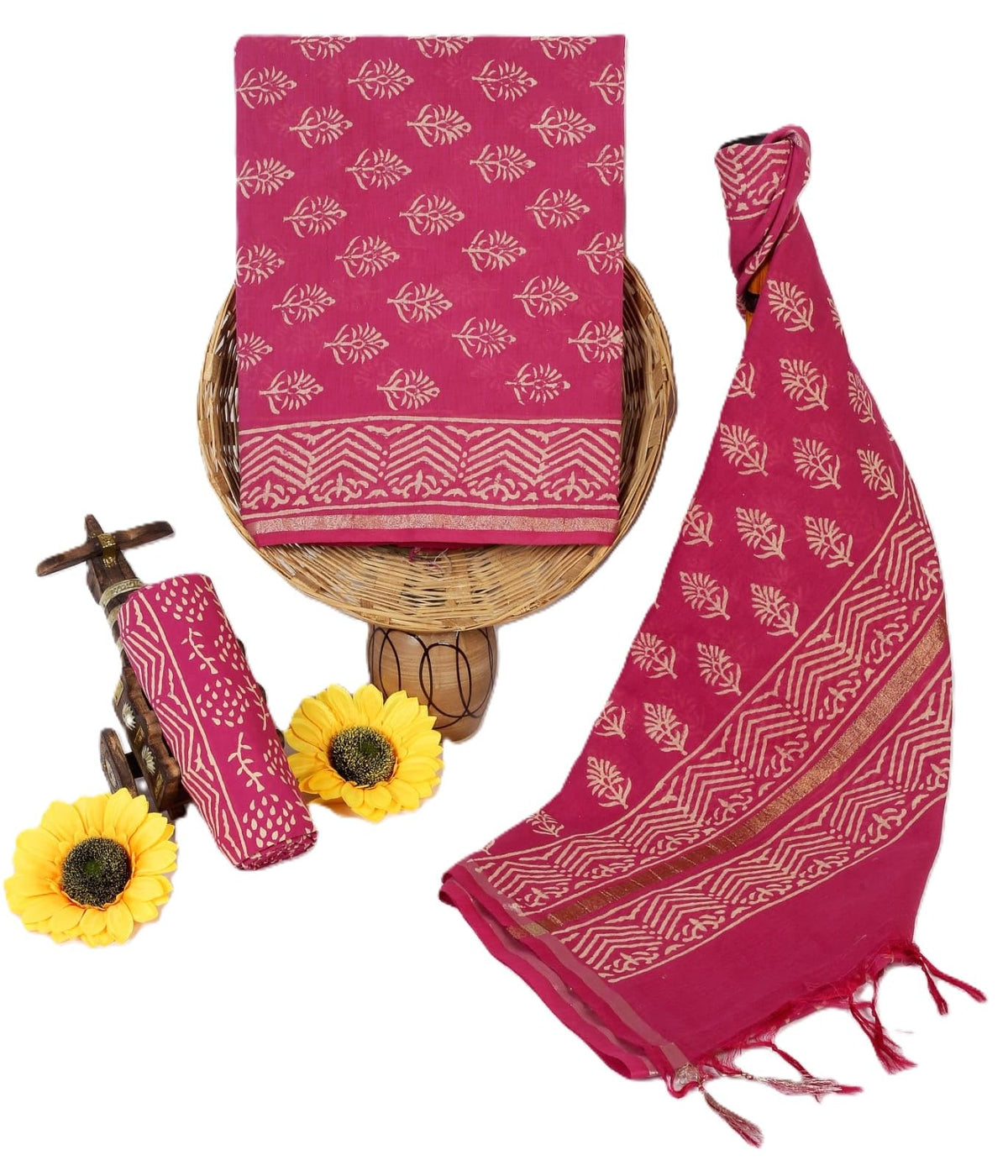 Women's Elegant Beige and Black Chanderi Block Printed Unstitched Salwar Suit Dress Material with Cotton Bottom & Zari Border Dupatta