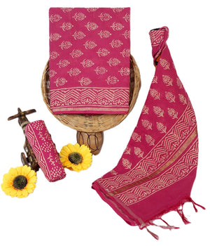 Women's Elegant Beige and Black Chanderi Block Printed Unstitched Salwar Suit Dress Material with Cotton Bottom & Zari Border Dupatta