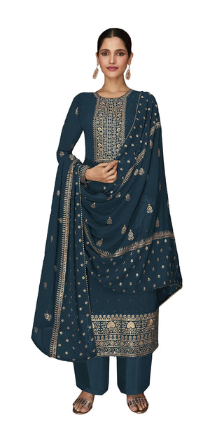 DRAVINAM Trends Women's Pure Georgette Heavy Embroidered Pakistani Salwar suit Dress Material with Embroidered Georgette Dupatta (Free Size)(Pakistani Salwar Suit) (Blue)