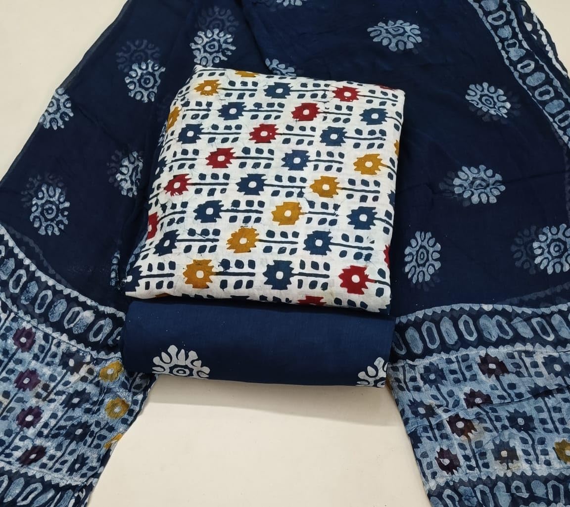 DRAVINAM Trends Unstitched Jaipuri Handmade Wax Batik Print Premium Cotton Dress Material with Pure Chiffon Dupatta