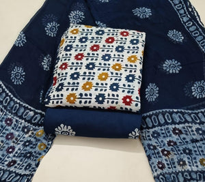 DRAVINAM Trends Unstitched Jaipuri Handmade Wax Batik Print Premium Cotton Dress Material with Pure Chiffon Dupatta