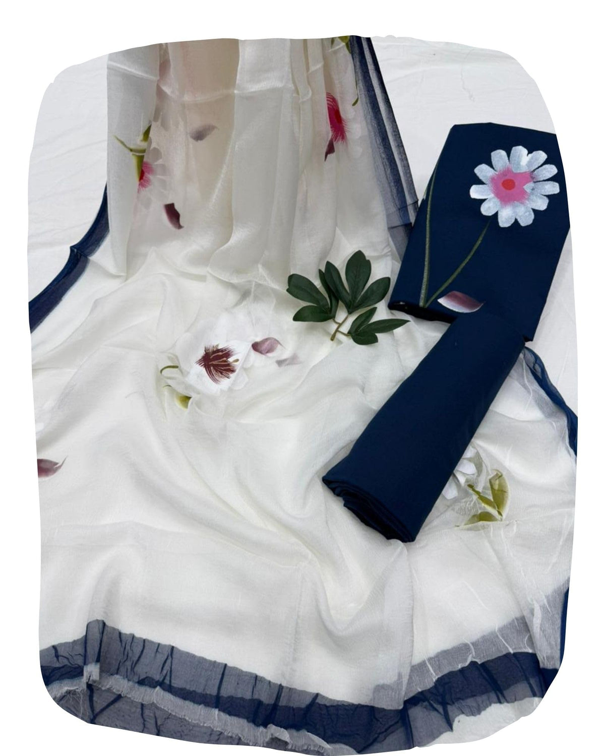 DRAVINAM Trends Women's Floral Hand Painted Unstitched Salwar Suit Dress Material with Pure Chiffon Dupatta (Blue & White)